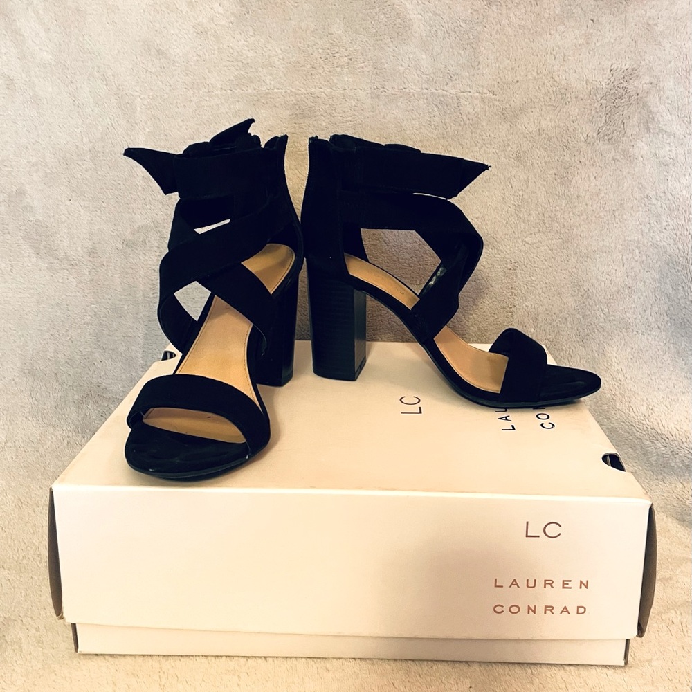 Black strappy Lauren Conrad heels
